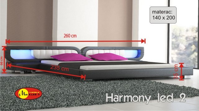 łóżko 140x200 cm harmony 2 led nowoczesne z tkaniny